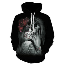 Load image into Gallery viewer, Men&#39;s hoodie sweatshirts with men and women kissing skulls, and 3d-printed fun hoodies and novelty streetwear hoodies for fall
