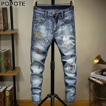 Load image into Gallery viewer, POVOTE brand jeans retro nostalgic straight pants pattern embroidery men&#39;s jeans motorcycle jeans trend design
