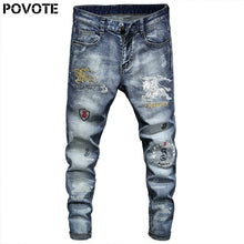 Load image into Gallery viewer, POVOTE brand jeans retro nostalgic straight pants pattern embroidery men&#39;s jeans motorcycle jeans trend design
