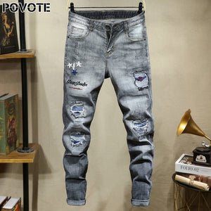 Povote brand jeans retro nostalgic straight trousers patchwork embroidery men's jeans pants motorcycle jeans trend design