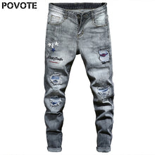 Load image into Gallery viewer, Povote brand jeans retro nostalgic straight trousers patchwork embroidery men&#39;s jeans pants motorcycle jeans trend design
