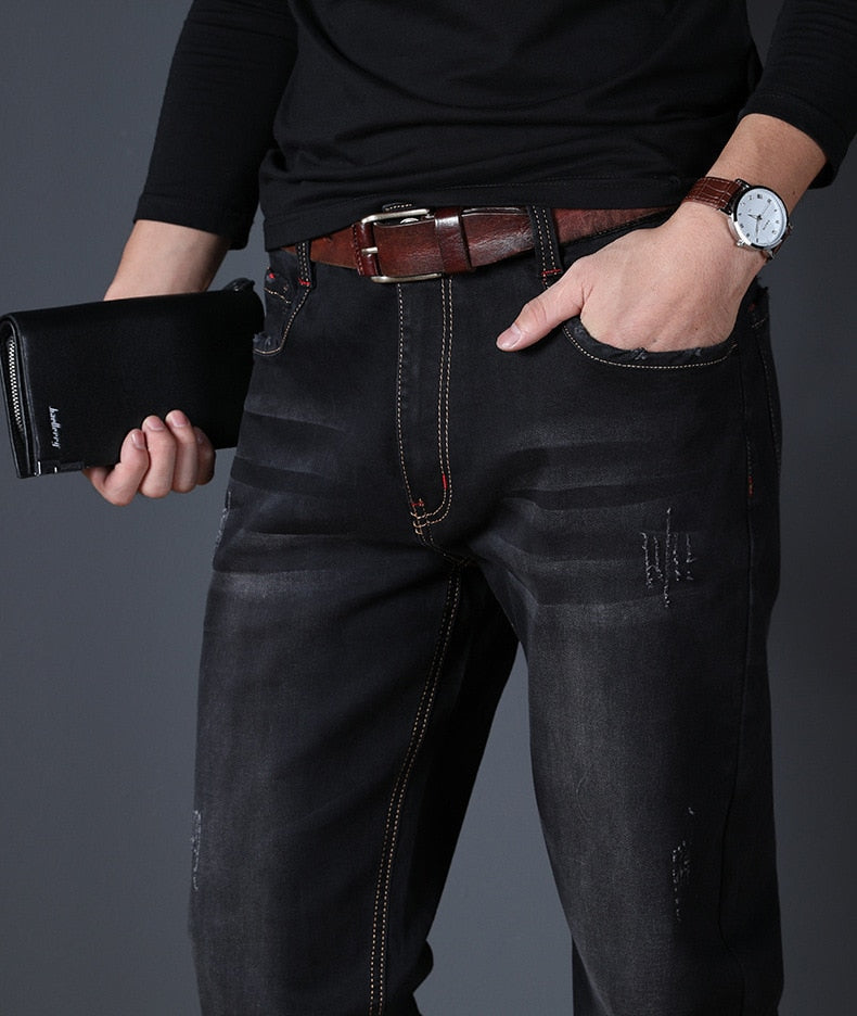 JS526J-2020 summer jeans men's straight fit large mid waist men's jeans elastic simple business pants